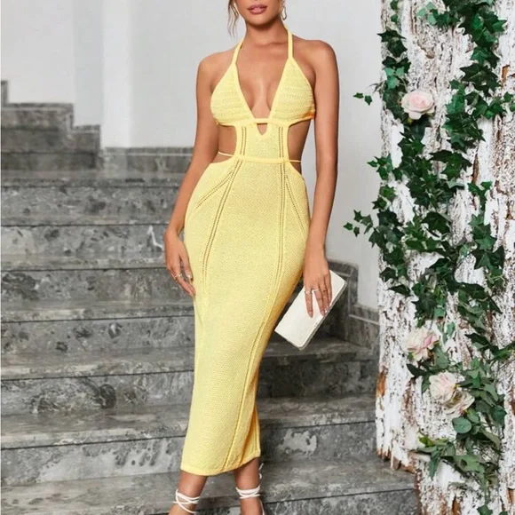 - PARTHEA Cut Out Tie Backless Halter Neck Sweater Dress